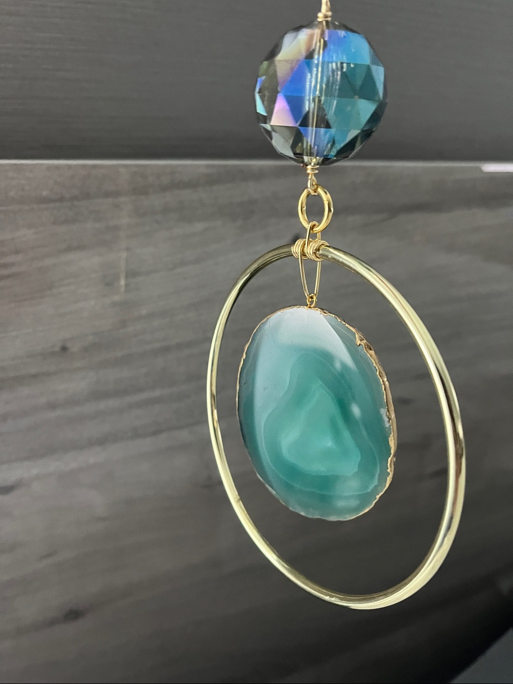 Green Agate Pendant Hanging Ornament with Gold Hoop
